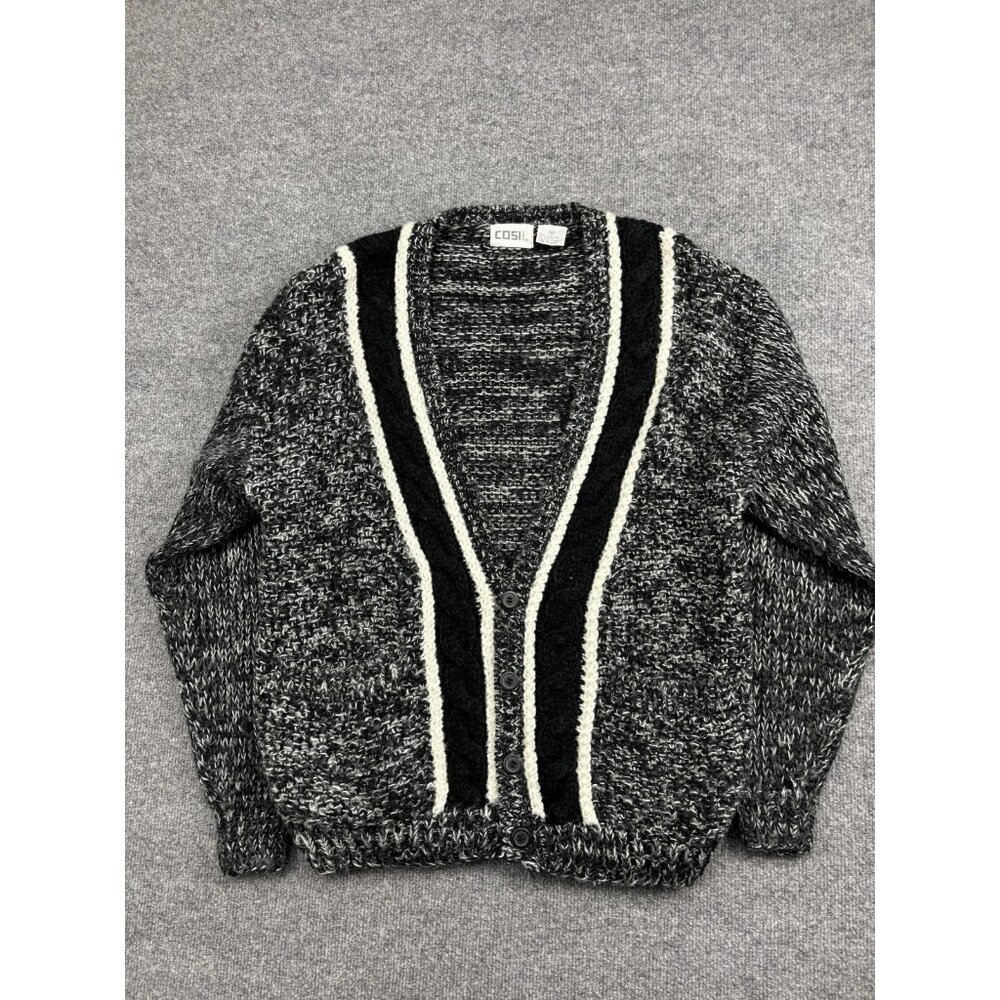 Vintage COSI Cardigan Sweater Womens Medium Black Gray‎ Marled Stripe 80s 90s
